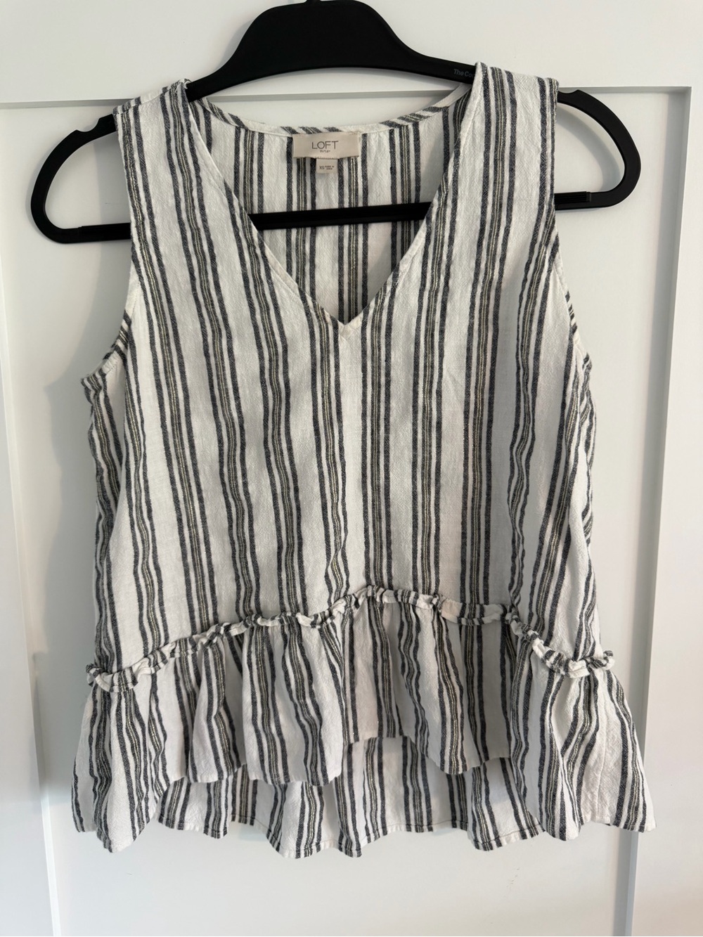 LOFT Outlet White & Grey Striped Ruffle Hem Sleeveless Top